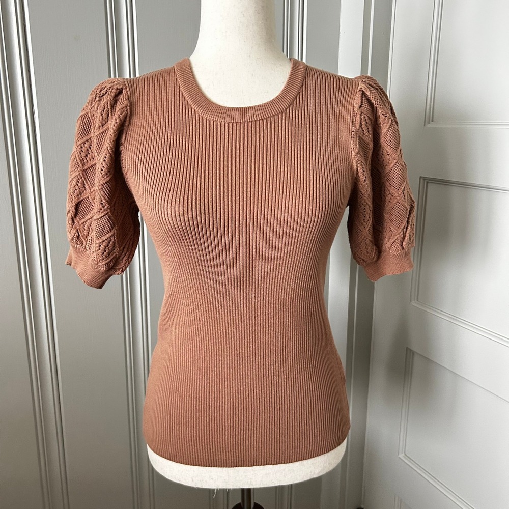 NWT Elie Tahari Ginger Ribbed Knit Puff Sleeve Sweater Top M
